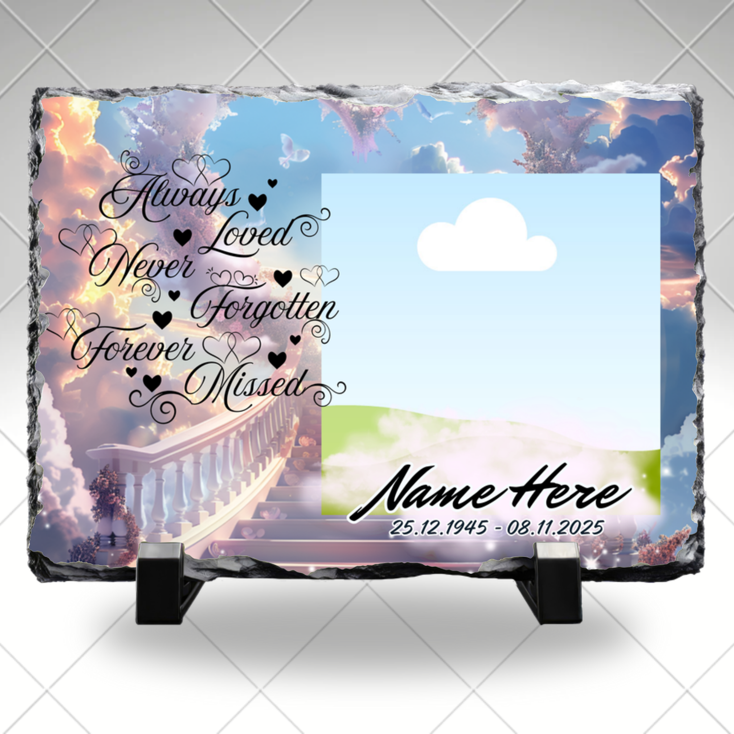 Always Loved Heart Staircase Personalized Memorial Photo Slate – Custom Remembrance Sympathy Gift