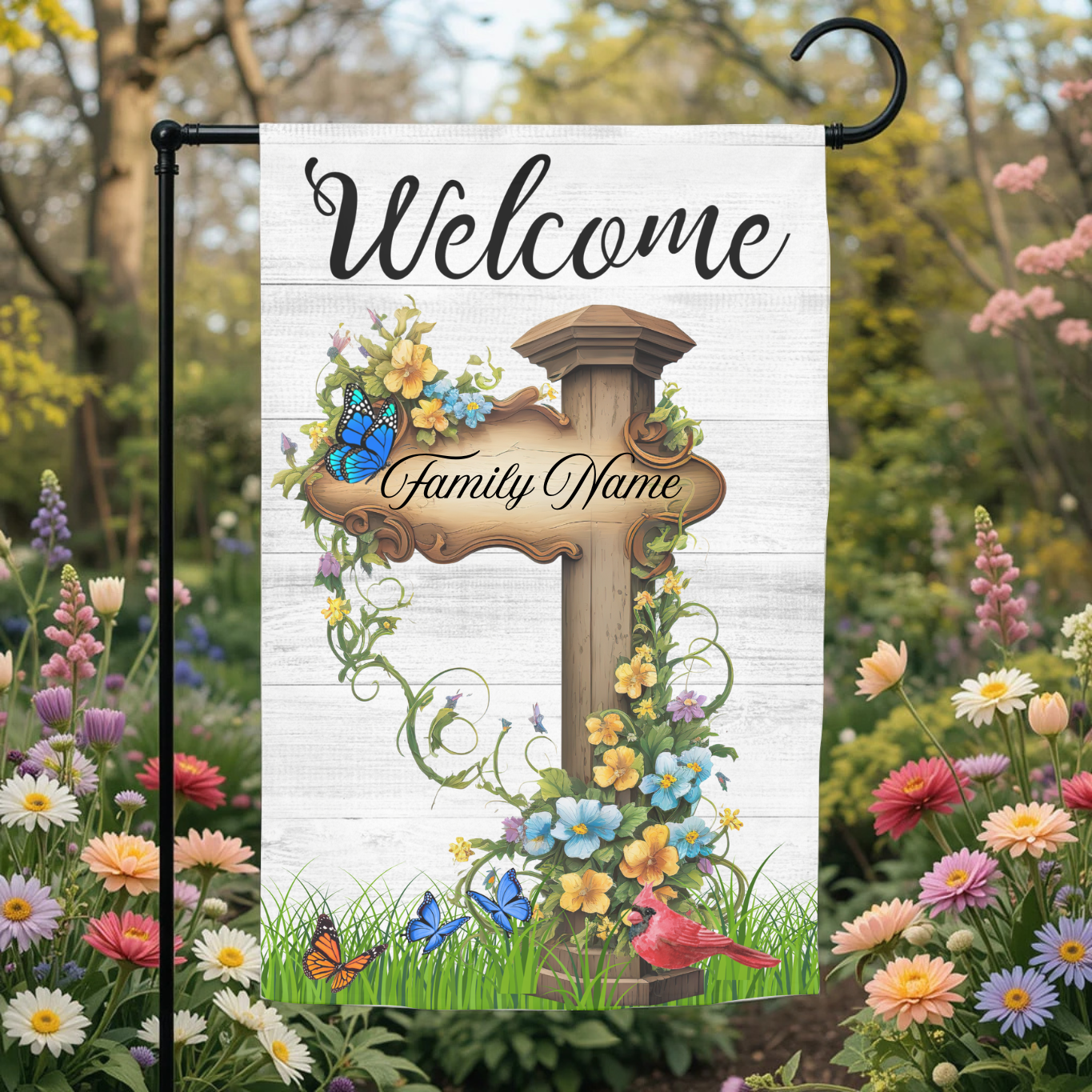 Welcome Family Name13 12x18 Spring Garden Flag – Farmhouse Outdoor Yard Decor