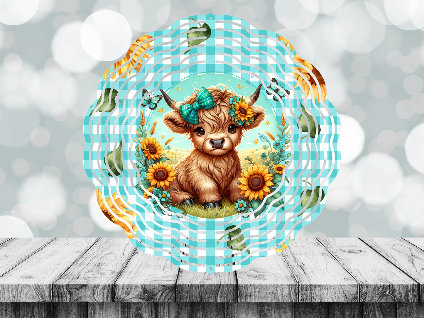 Blue Plaid Cow9 Wind Spinner 8inch/10inch
