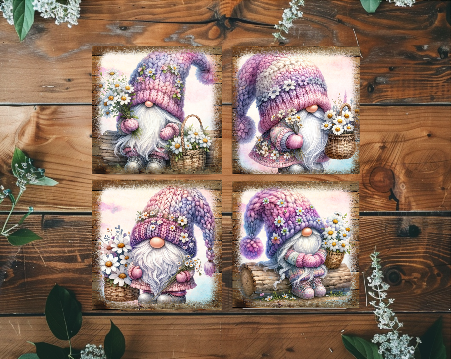 Daisy Gnome 4x4 Ceramic Drink Coasters | Set of 4 – Rustic & Decorative