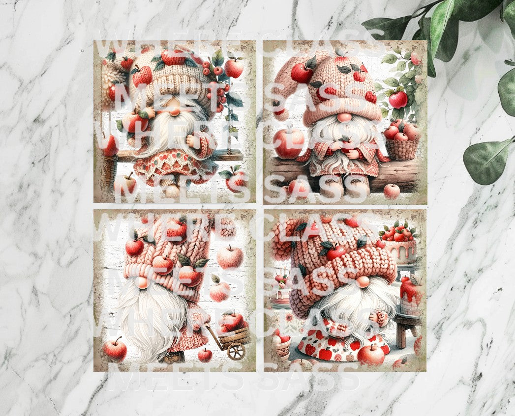 Apple Gnome 4x4 Ceramic Drink Coasters | Set of 4 – Rustic & Decorative