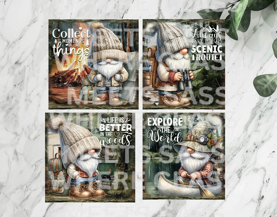 Camping Gnome 4x4 Ceramic Drink Coasters | Set of 4 – Rustic & Decorative