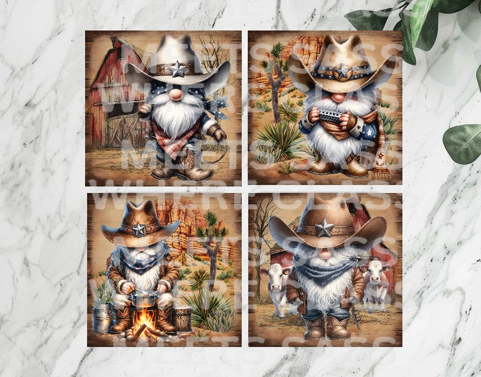 Cowboy Gnome 4x4 Ceramic Drink Coasters | Set of 4 – Rustic & Decorative