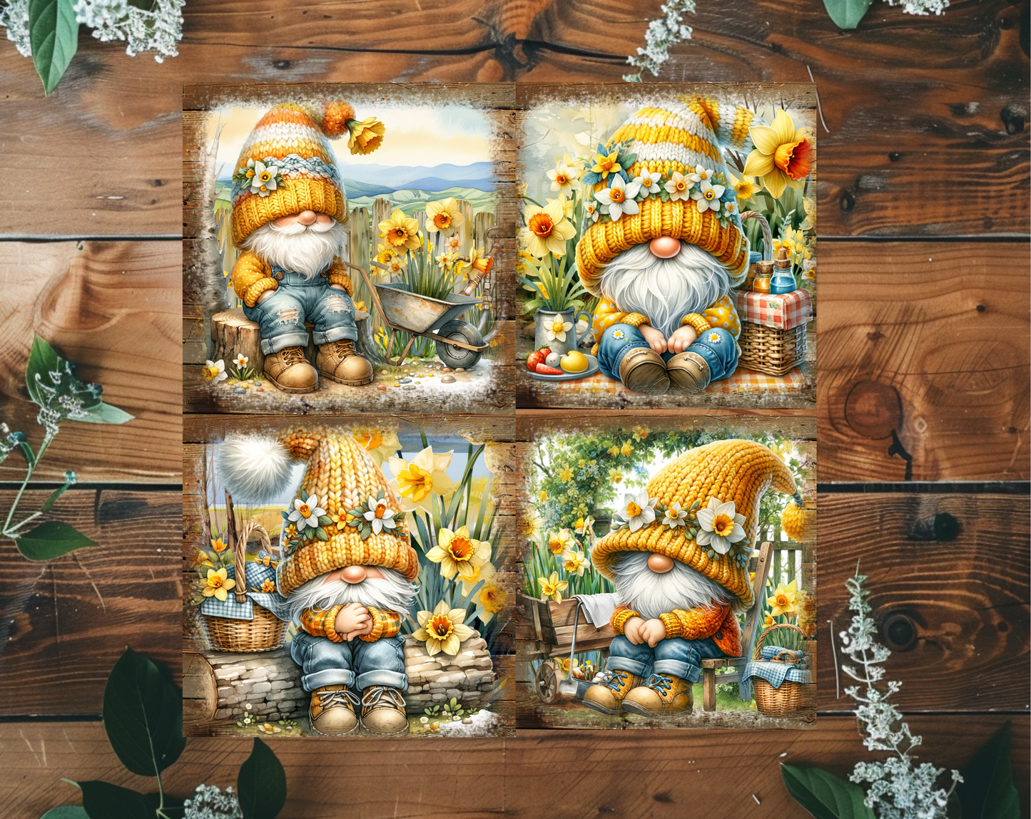 Daffodil Gnome 4x4 Ceramic Drink Coasters | Set of 4 – Rustic & Decorative