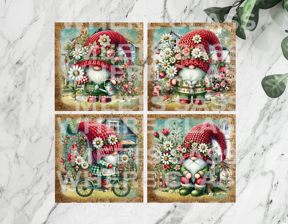 Red Flower Spring Gnome 4x4 Ceramic Drink Coasters | Set of 4 – Rustic & Decorative