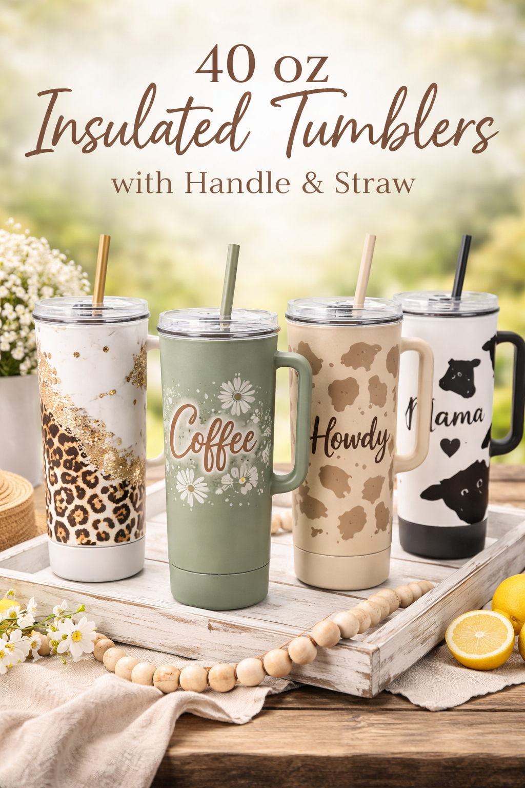 40 oz Insulated Tumblers with Handle & Straw | Stainless Steel Drinkware