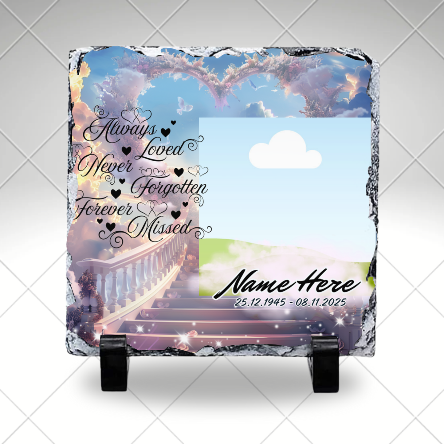 Always Loved Heart Staircase Personalized Memorial Photo Slate – Custom Remembrance Sympathy Gift