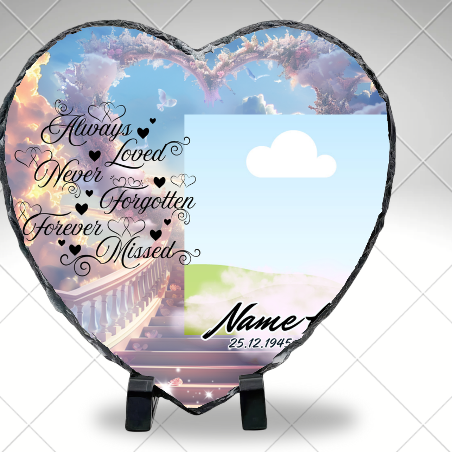 Always Loved Heart Staircase Personalized Memorial Photo Slate – Custom Remembrance Sympathy Gift