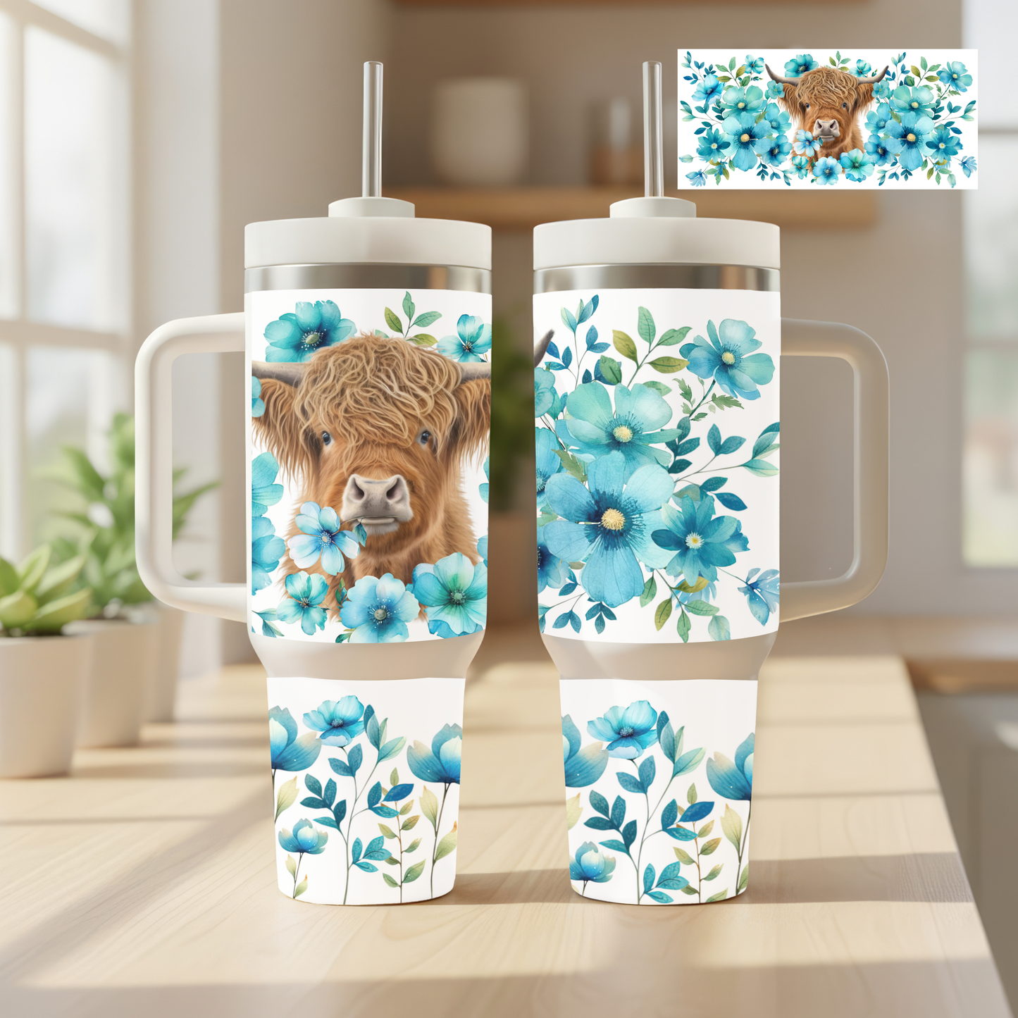 Blue Flower Cow  Insulated Tumblers with Handle | Farmhouse Style Drinkware