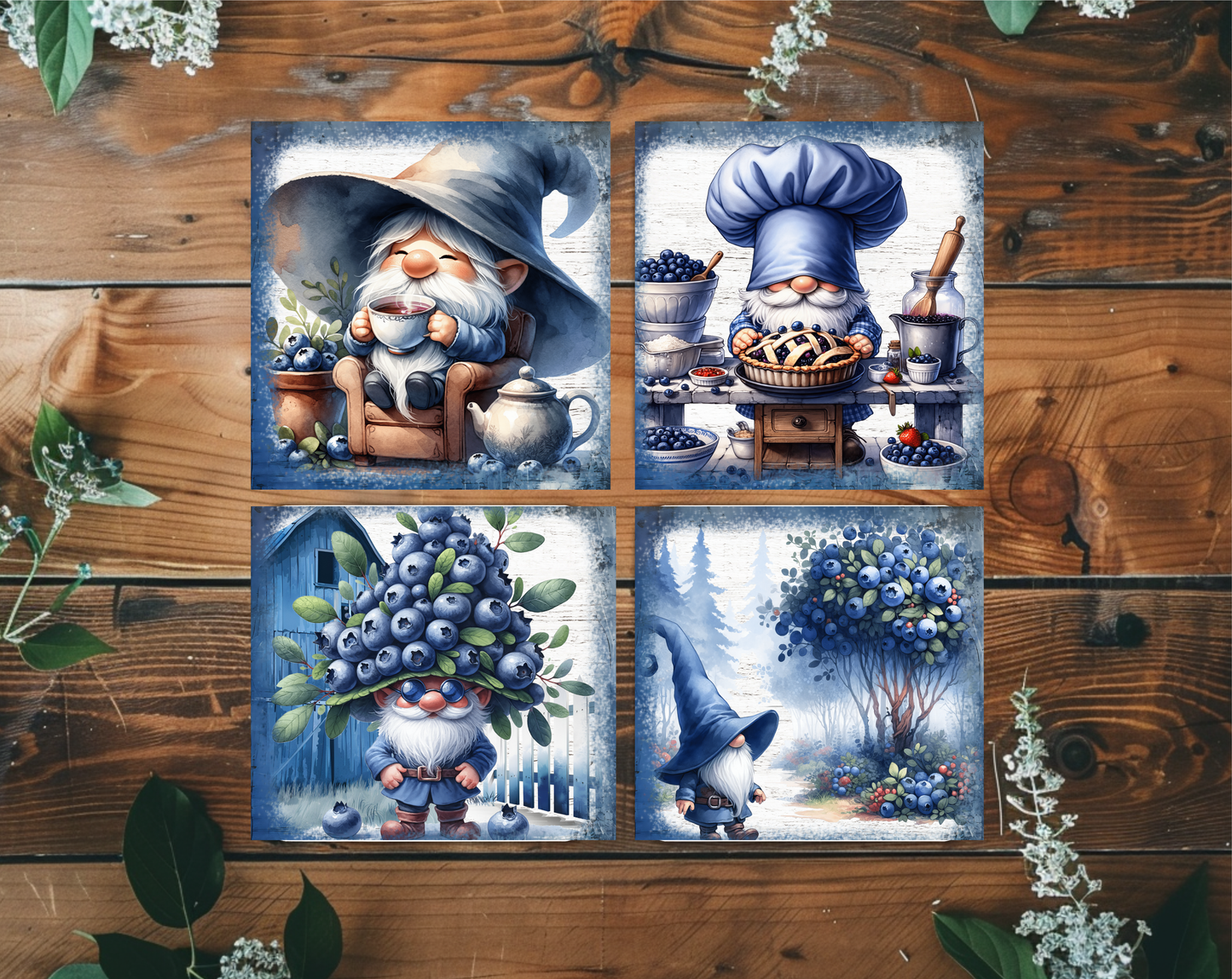 Blueberry Gnome 4x4 Ceramic Drink Coasters | Set of 4 – Rustic & Decorative