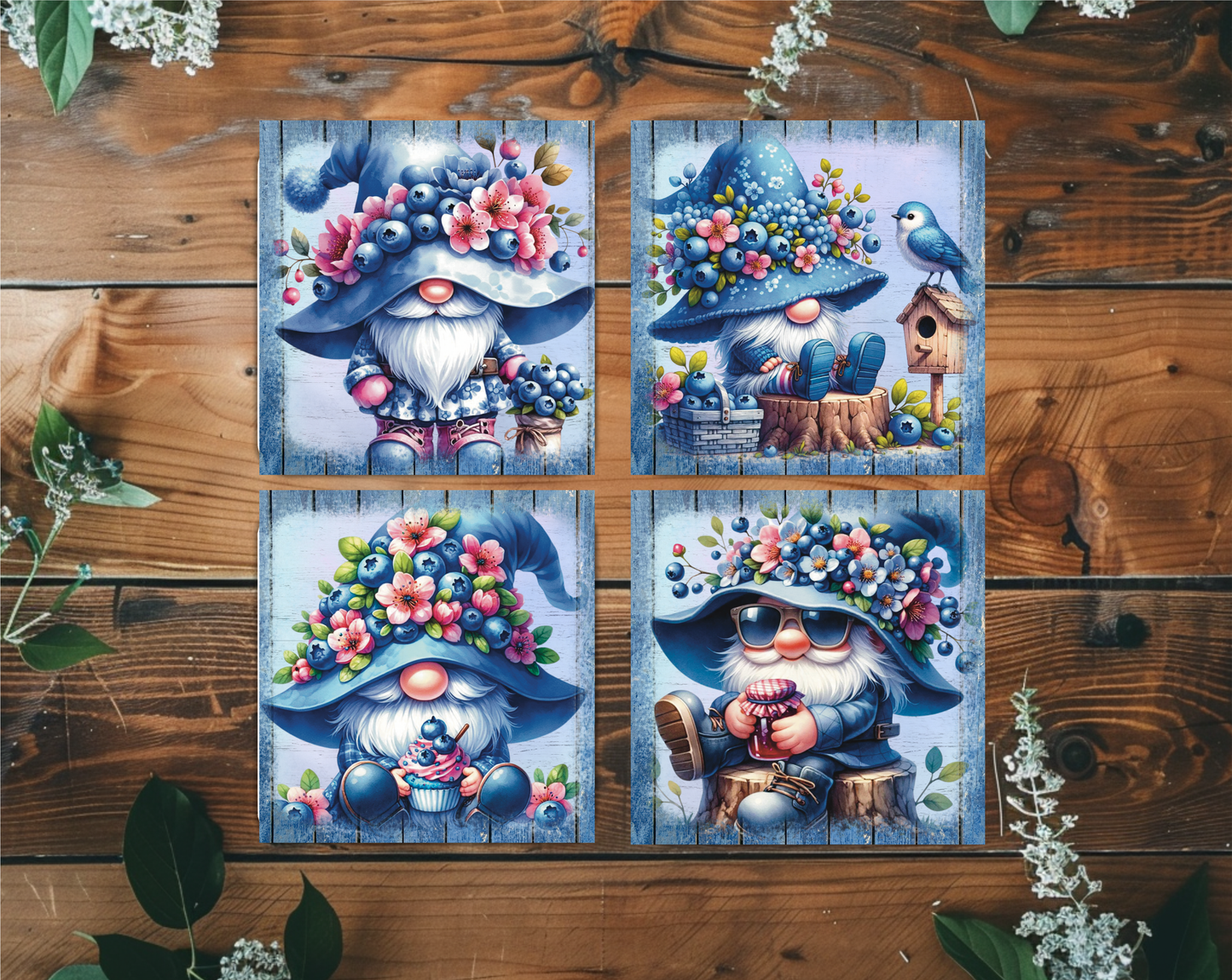Blueberry Gnome 4x4 Ceramic Drink Coasters | Set of 4 – Rustic & Decorative