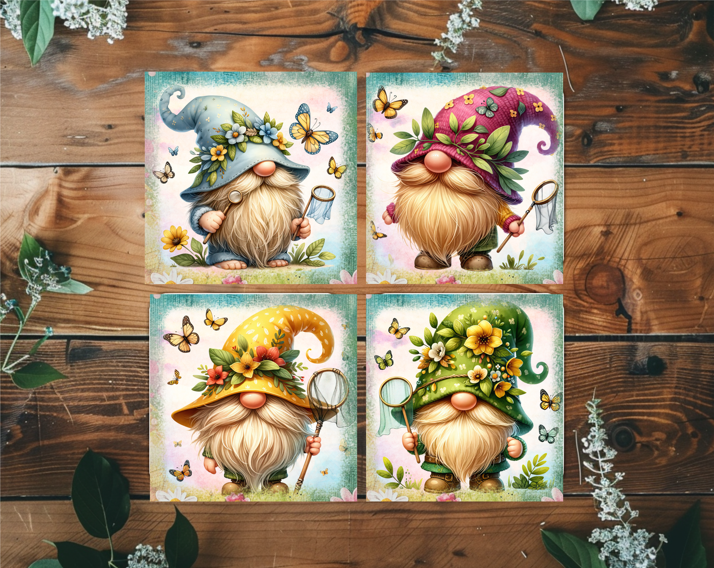 Butterfly Gnome 4x4 Ceramic Drink Coasters | Set of 4 – Rustic & Decorative