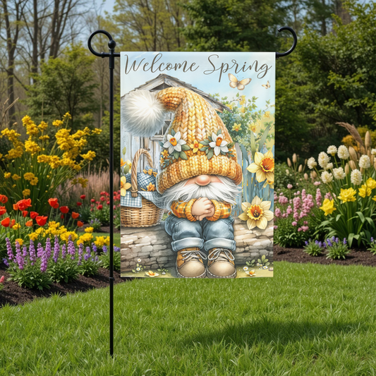 Welcome Gnome1- 12x18 Spring Garden Flag – Farmhouse Outdoor Yard Decor