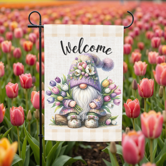 Welcome Gnome8- 12x18 Spring Garden Flag – Farmhouse Outdoor Yard Decor