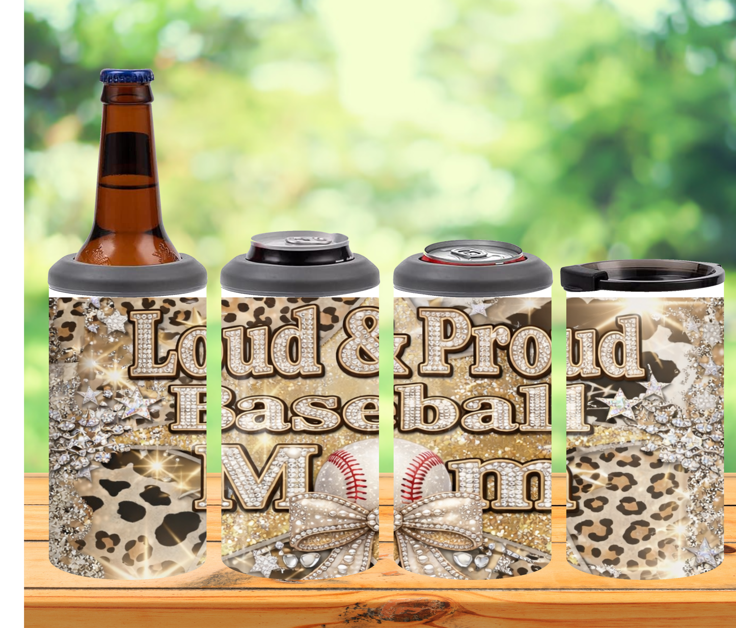 Gold Proud Mom 4-in-1 Can Coolers | Fits Cans, Bottles & Tumbler Use