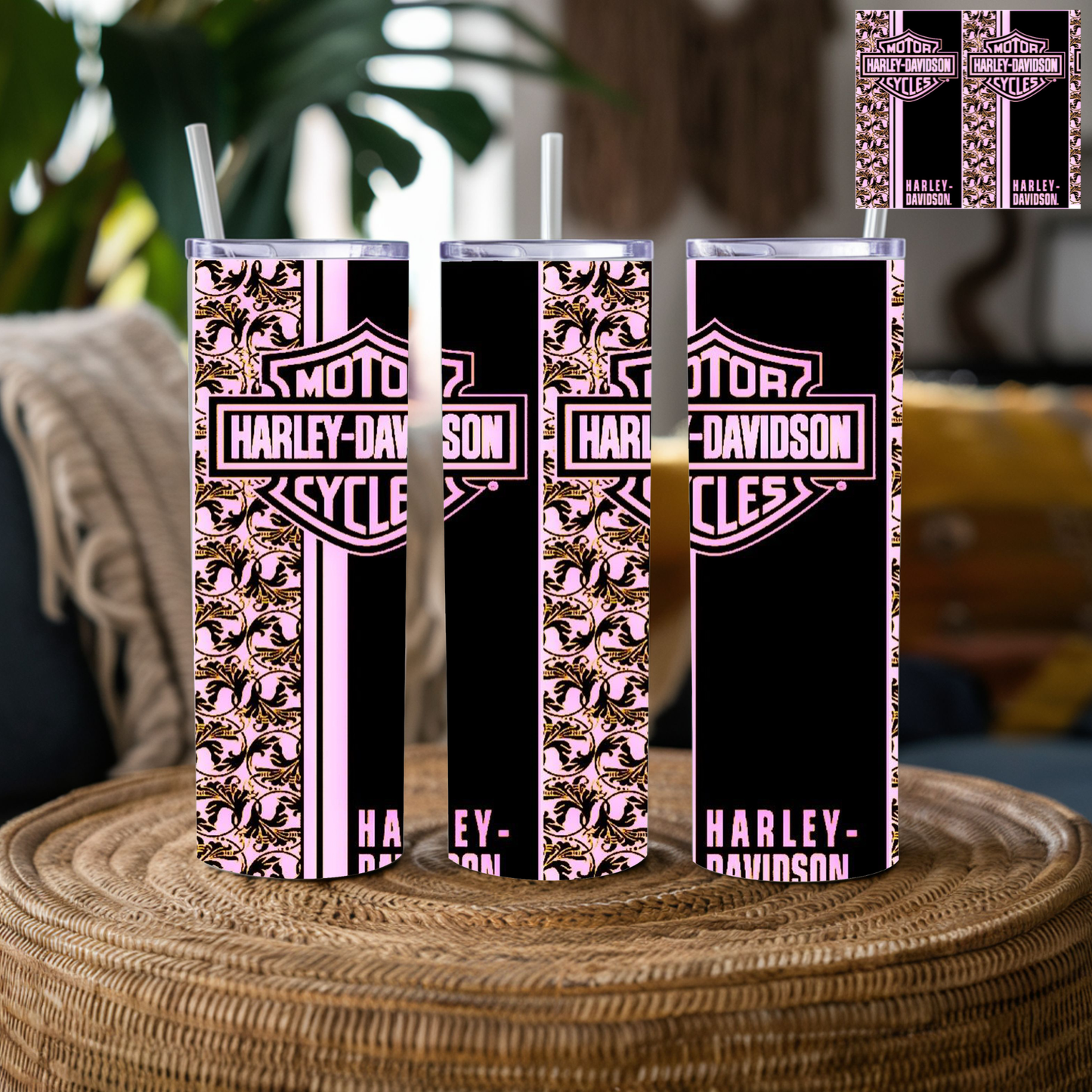 Harley Inspired 20 oz Stainless Steel Tumbler Pink & Black | Motorcycle Rider Travel Mug | Biker Gift