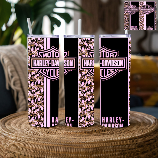 Harley Inspired 20 oz Stainless Steel Tumbler Pink & Black | Motorcycle Rider Travel Mug | Biker Gift