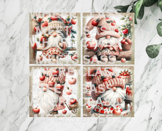 Apple Gnome 4x4 Ceramic Drink Coasters | Set of 4 – Rustic & Decorative