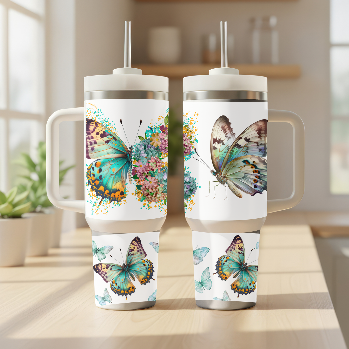 Butterfly 40 oz Insulated Tumbler with Handle & Straw