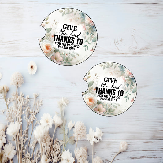 Give Thanks Ceramic Car Coasters – Absorbent Cup Holder Coasters (Set of 2)