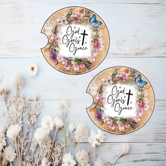 God, Goals Grace Ceramic Car Coasters – Absorbent Cup Holder Coasters (Set of 2)