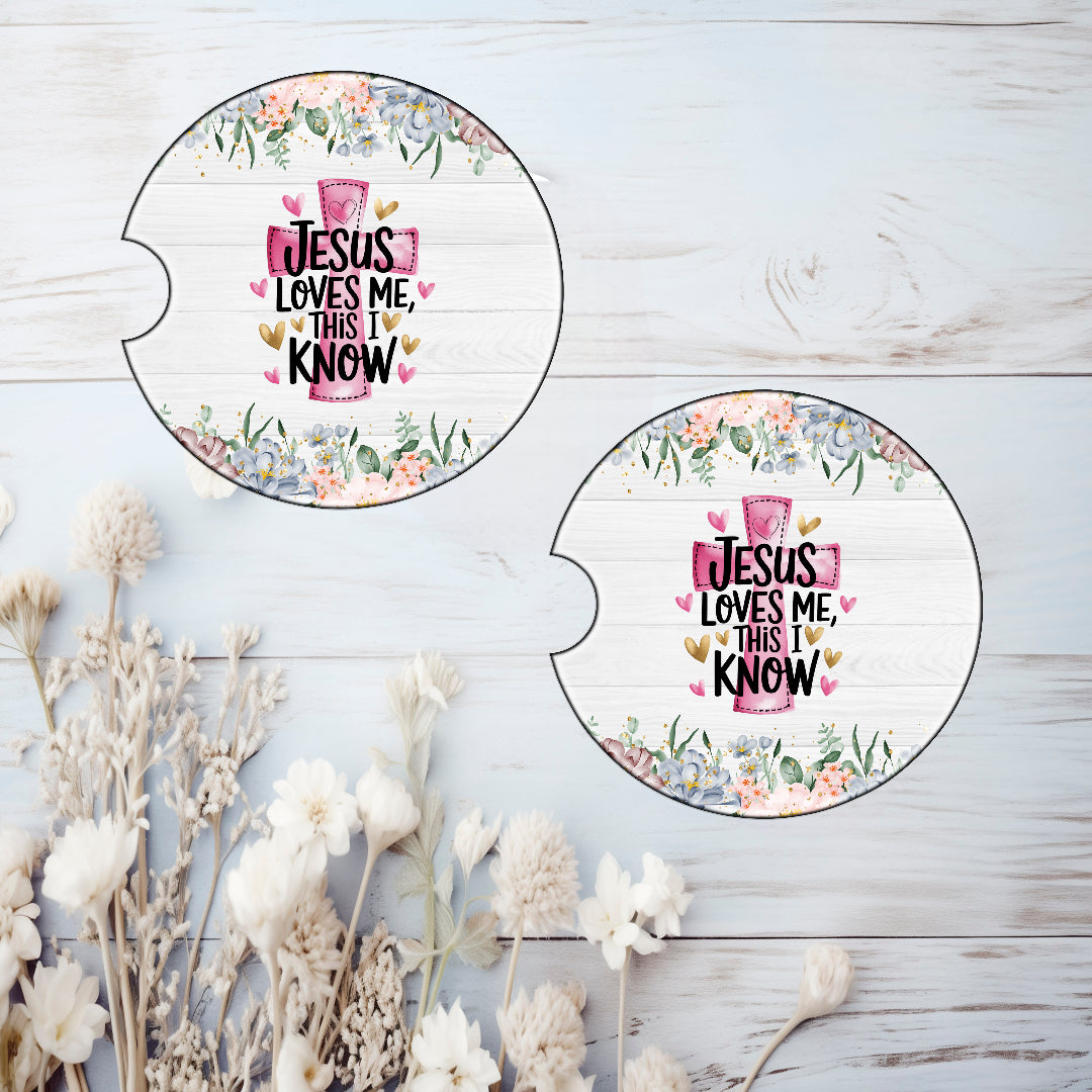 Jesus Loves Me Ceramic Car Coasters – Absorbent Cup Holder Coasters (Set of 2)