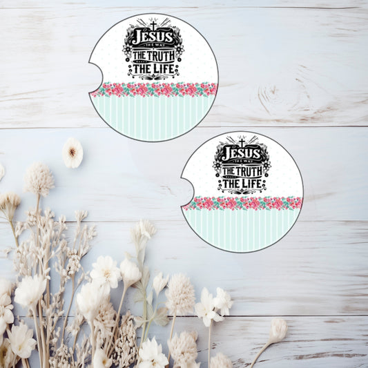 Jesus the Way Ceramic Car Coasters – Absorbent Cup Holder Coasters (Set of 2)
