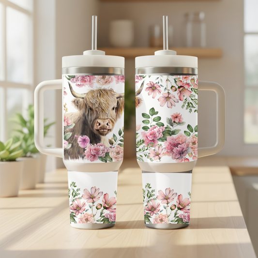 Hyland Cow w/Roses40 oz Insulated Tumbler with Handle & Straw