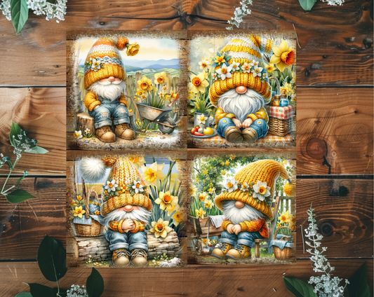 Daffodil Gnome 4x4 Ceramic Drink Coasters | Set of 4 – Rustic & Decorative