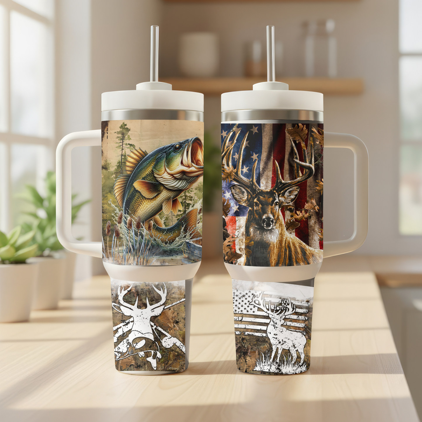 Hunting/Fishing 40 oz Insulated Tumbler with Handle & Straw