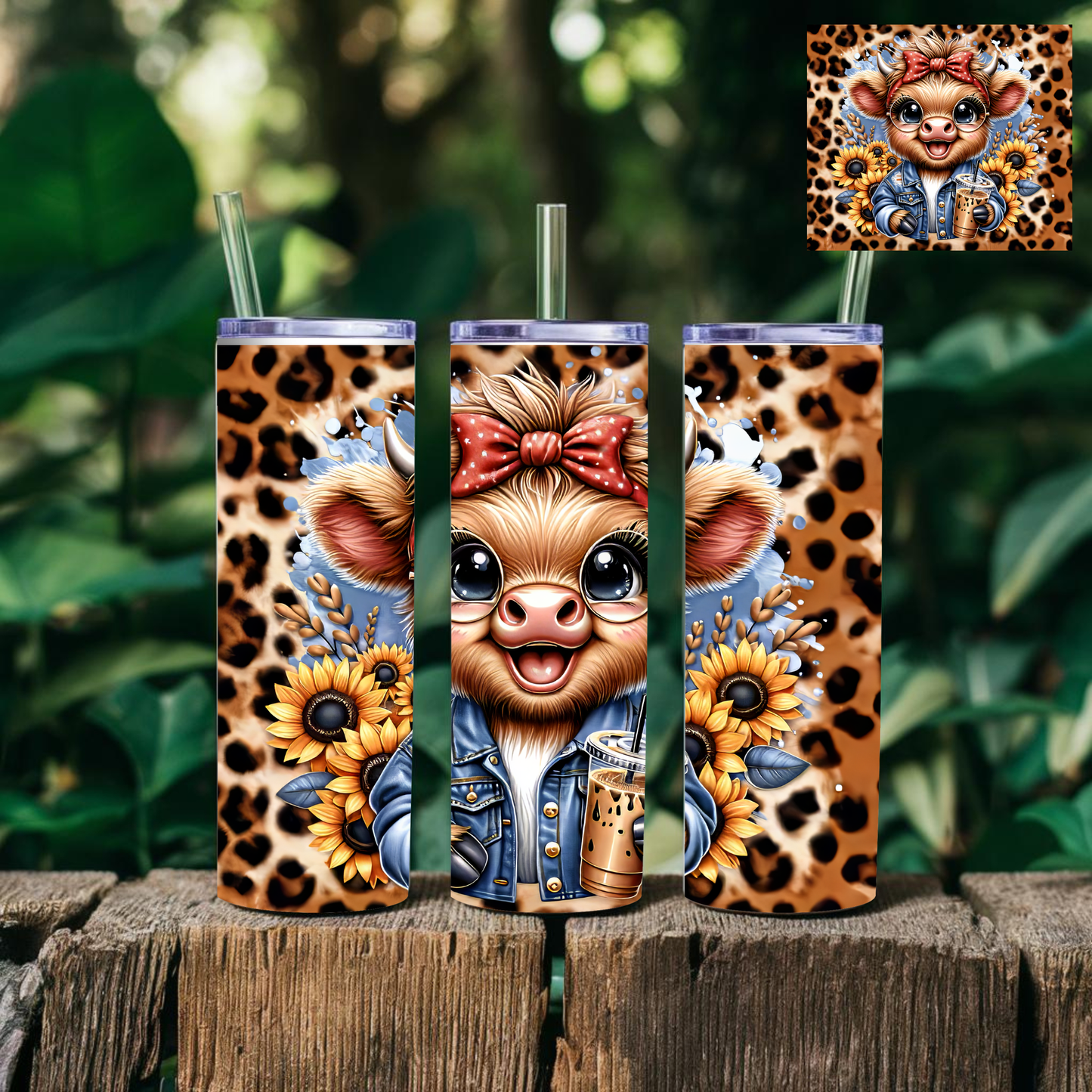 Highland Cow Sunflower Leopard 20 oz Tumbler | Rustic Farmhouse Cow Stainless Steel Tumbler