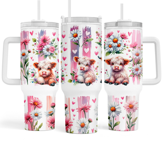Spring Flowers Cow 40oz Insulated Tumblers with Handle | Farmhouse Style Drinkware