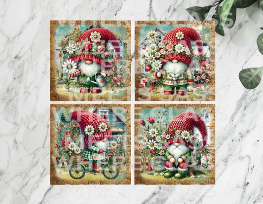Red Flower Spring Gnome 4x4 Ceramic Drink Coasters | Set of 4 – Rustic & Decorative