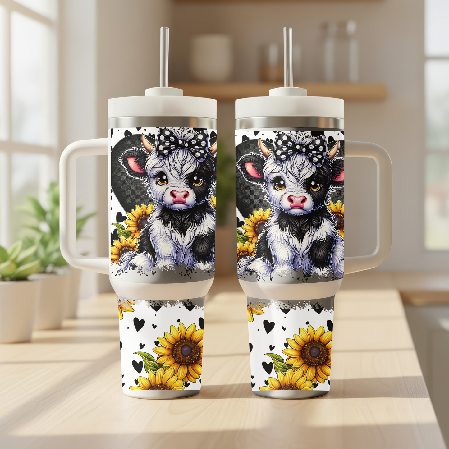 Sunflower Cow 40 oz Insulated Tumbler with Handle & Straw