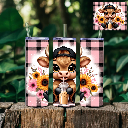 Sunflower Highland Cow 20 oz Tumbler – Rustic Farmhouse Cow Stainless Steel Tumbler