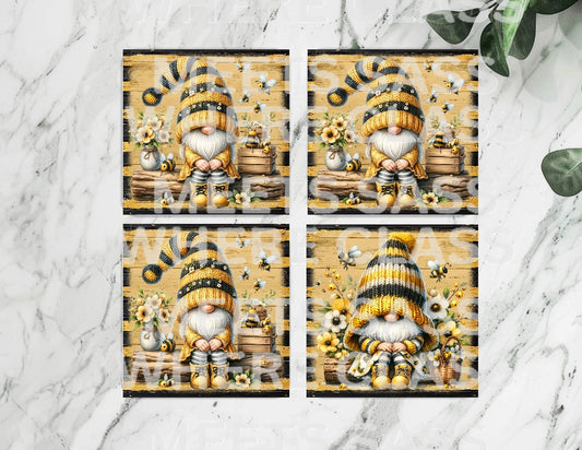 Yellow Bee Gnome 4x4 Ceramic Drink Coasters | Set of 4 – Rustic & Decorative